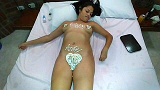 Hubby licks cheating wife's pussy with whipped cream on tits