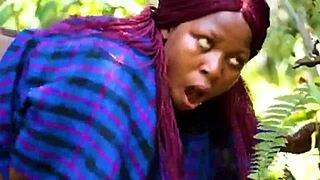 horny african bbw wife meets monster cock in bush and enjoys deepthroat sex with big ass tits.