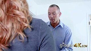 Hot redhead unwraps a gift and gets pounded hard by an older guy