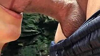 girlfriend gives blowjob at waterfall with cumshot