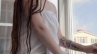 A fiery redhead explores the bustling city, her vibrant hair turning heads everywhere.