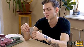 man wins strip poker in kitchen, rips clothes, fists teen's pussy