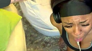 Ebony teen sucks black cock and gets cumshot after gym workout