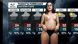 weather girl loses her mind in a solo softcore scene. brunette nerd with glasses explores her tight body