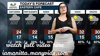 weather girl loses her mind in a solo softcore scene. brunette nerd with glasses explores her tight body