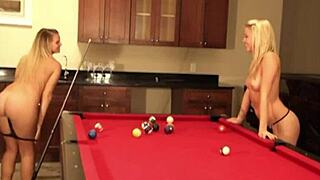 Look at this cute lesbian showing natural tits while playing billiards