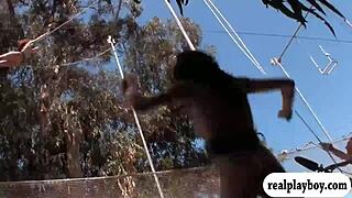 Oh Wow, These Naked Babes Swing Wildly Outdoors with Brunette and Blonde Passion!