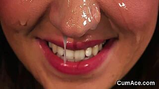 frisky model takes facial cumshot gulping cream