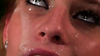 Feisty bombshell takes a huge sperm load on her face after sucking hard.