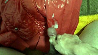 Cumshot on sister-in-law's nylon jacket!