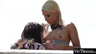 Stunning brunette lesbians lick pussy outdoors in garden