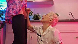 Old couple gives cute short-haired girl homemade facial blowjob with cum sucking