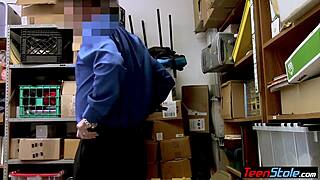 Emo teen thief with piercings enters the shop. Mall cop fucks her in uniform.