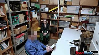 Emo teen thief with piercings enters the shop. Mall cop fucks her in uniform.