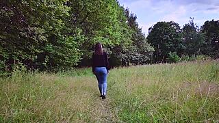 cute brunette walks romantically with neighbor