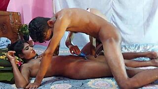 threesome with stunning ebony whore deepthroating big black cock