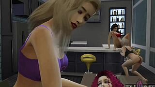 Two strippers perform in a group animation with fingering and striptease