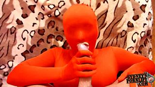 The blonde girlfriend in full zentai latex gets intimate with her friend