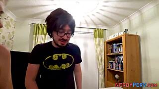 watch this slutty amateur tricked into giving blowjob to nerds