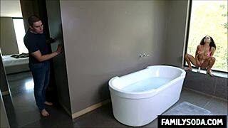 stepsister in the bathroom lets stepbrother pound her tight ebony pussy hard