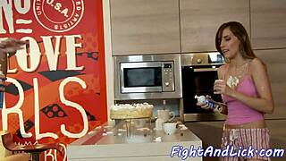 In 69 position, European lesbians engage in foodfight and oral sex