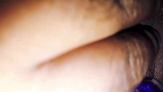 A couple explores anal play with a purple plug in the sister's big ass during homemade fun.