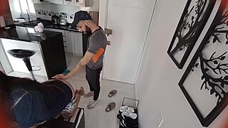 Petite teen receives restaurant delivery guy with her pussy!