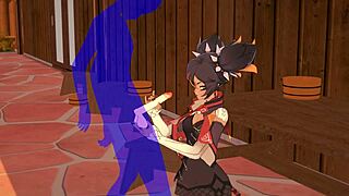 Xinyan from Genshin Impact gives handjob and blowjob in hentai scene