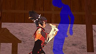 Xinyan from Genshin Impact gives handjob and blowjob in hentai scene