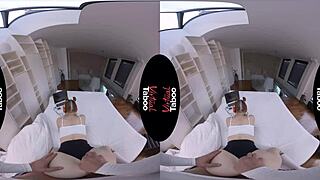 Virtual taboo scene with shaved pussy blowjob and handjob on joystick.