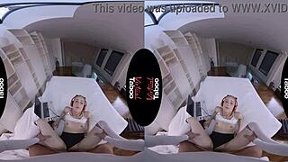 Virtual taboo scene with shaved pussy blowjob and handjob on joystick.