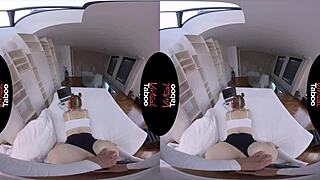 Virtual taboo scene with shaved pussy blowjob and handjob on joystick.