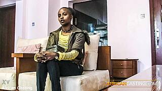 pov ebony girl rides cock in homemade interracial casting. Natural tits bounce during deepthroat.