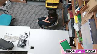 Caught shoplifting, she gets hardcore blowjob with monster cock in office