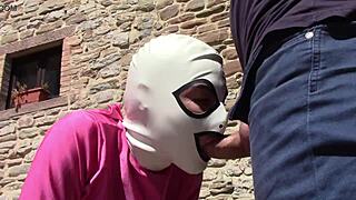 Laura in pink heels feels intense pleasure sucking big cock outdoors, her teen body craving oral creampie in amateur passion.