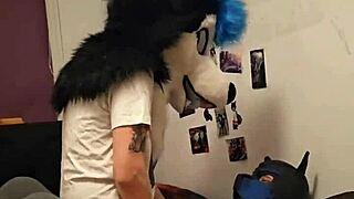 Can you believe this femboy husky fursuiter cums riding his boyfriend's cock?