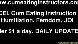 Dominant woman in POV feeds submissive his own cum from her hand during intense BDSM session