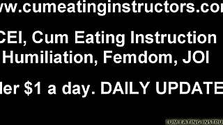 Dominant woman in POV feeds submissive his own cum from her hand during intense BDSM session