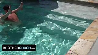 Outdoor anal action with couple in pool