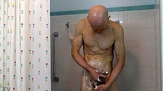 horny gay nudist shaves small cock in shower, flashing as exhibitionist on beach 😏