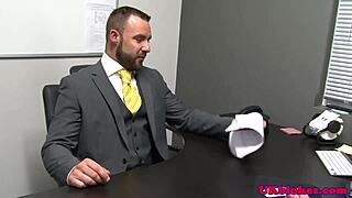 muscular british guy at office gets facial from bodybuilder.