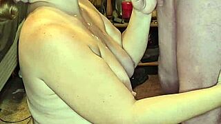 Massive cumshot lands on her pregnant tits after intense milf sex. She moans loud during every deep thrust.