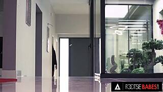 Sexy ebony Romy Indy seduces co-worker with feet for hot interracial fuck. Her footsie game leads to wild doggystyle action.