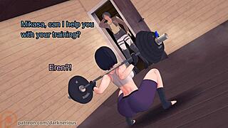 I am Mikasa, riding Eren in cowgirl position during our training session.