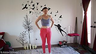 Babe learns yoga from instructor.