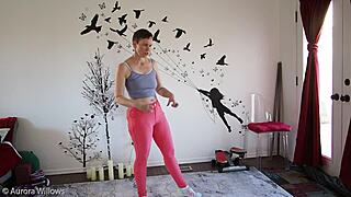 Babe learns yoga from instructor.