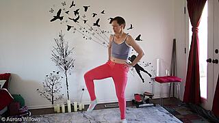 Babe learns yoga from instructor.