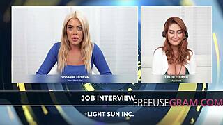 Arietta and chloe get freeused during the interview! What a threesome pussy play!