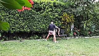 Horny Amateur Sucks and Fucks Mature Babe in Garden