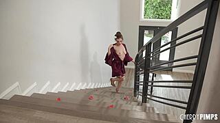 spencer bradley relaxes in the bathtub with her double dildo.